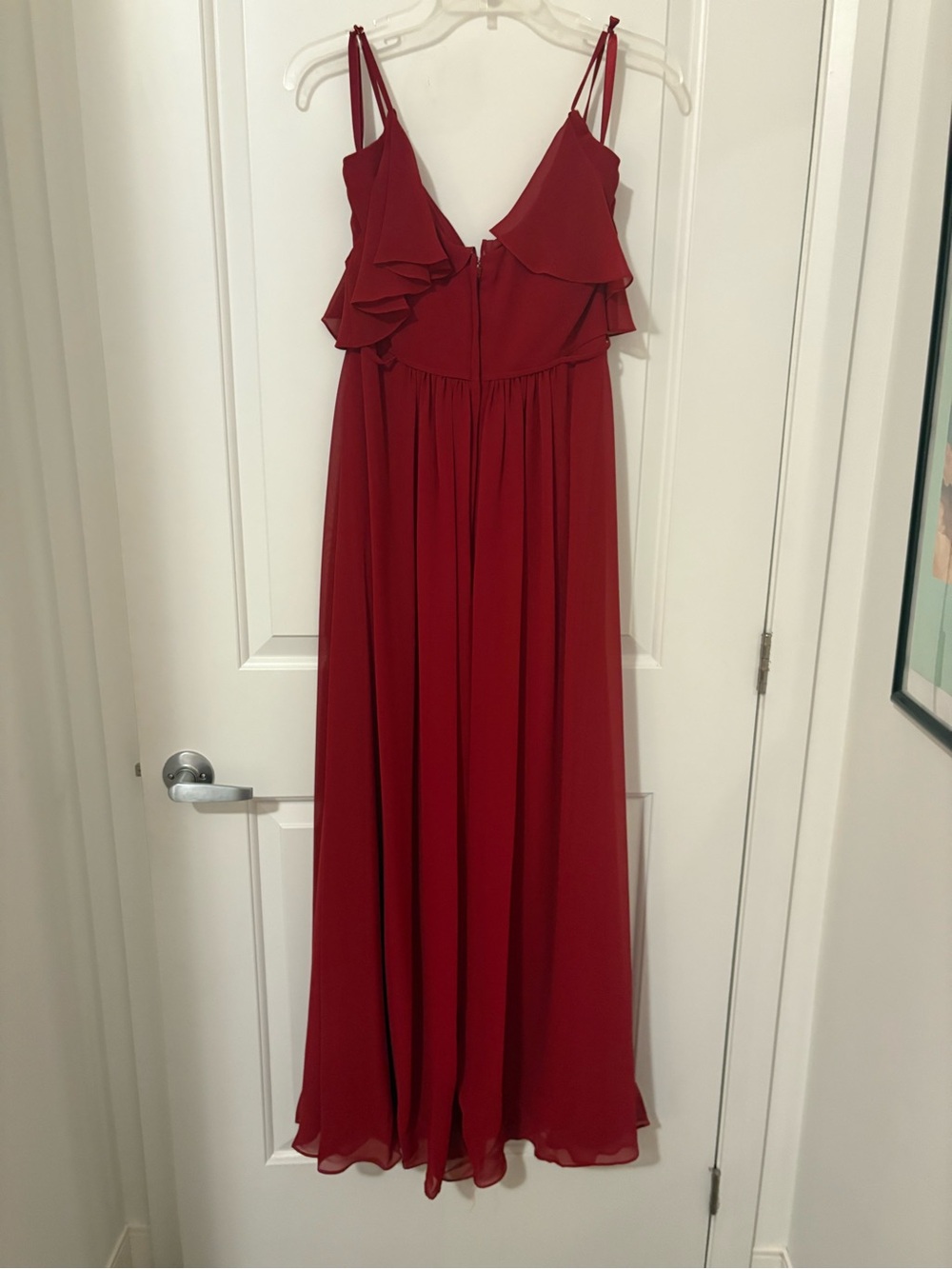 Red Ruffled Spaghetti-Strap Bridesmaid Dress - Picture 2 of 3